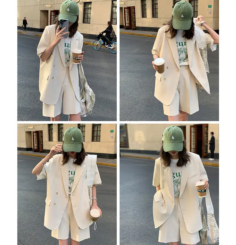 Korean Loose 2 Piece Women Short Set with Blazer Summer 2025 Thin Short-sleeved Blazers + Shorts Casual Office Ladies Suits