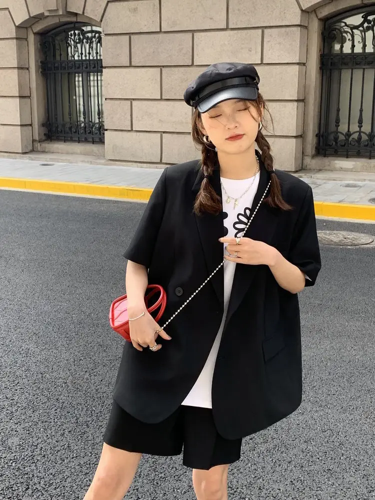 Korean Loose 2 Piece Women Short Set with Blazer Summer 2025 Thin Short-sleeved Blazers + Shorts Casual Office Ladies Suits