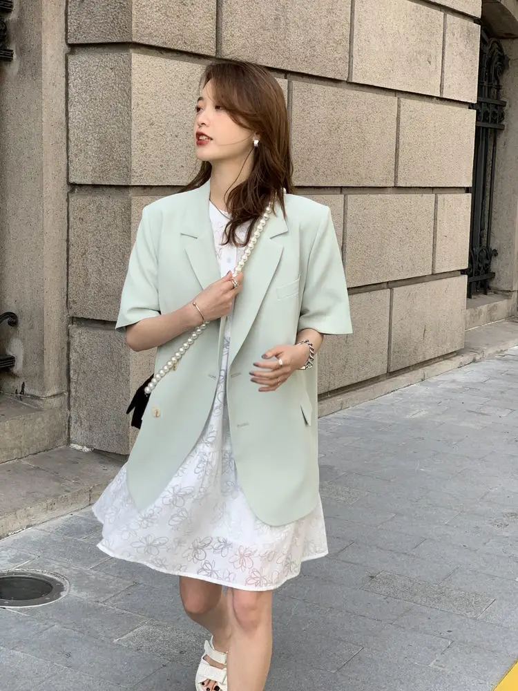 Korean Loose 2 Piece Women Short Set with Blazer Summer 2025 Thin Short-sleeved Blazers + Shorts Casual Office Ladies Suits