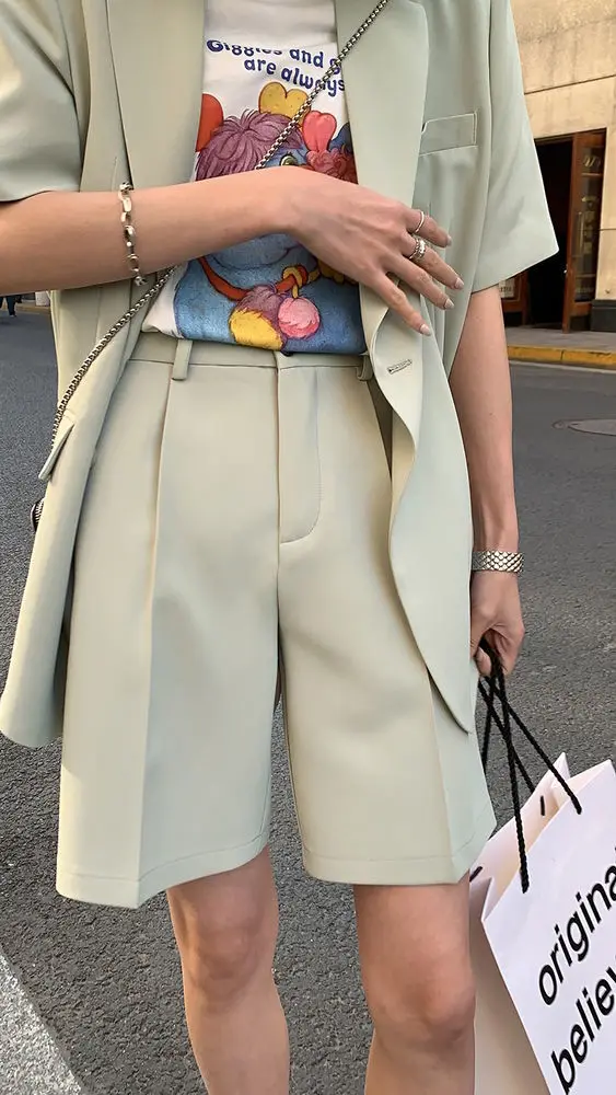Korean Loose 2 Piece Women Short Set with Blazer Summer 2025 Thin Short-sleeved Blazers + Shorts Casual Office Ladies Suits