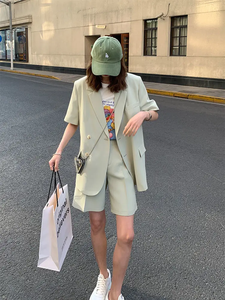 Korean Loose 2 Piece Women Short Set with Blazer Summer 2025 Thin Short-sleeved Blazers + Shorts Casual Office Ladies Suits