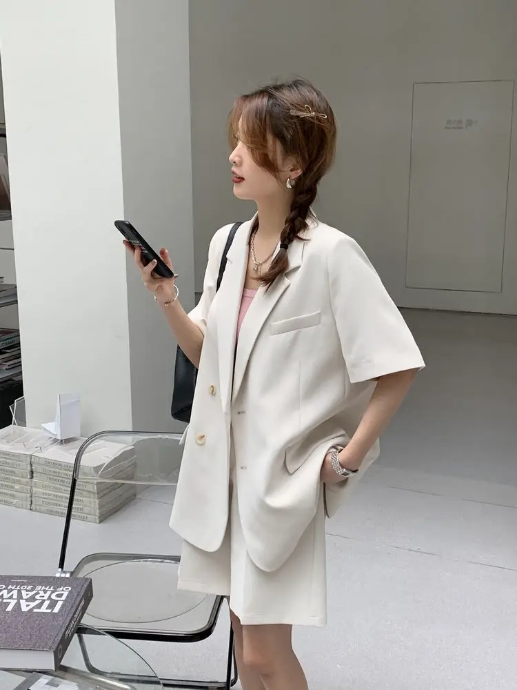 Korean Loose 2 Piece Women Short Set with Blazer Summer 2025 Thin Short-sleeved Blazers + Shorts Casual Office Ladies Suits