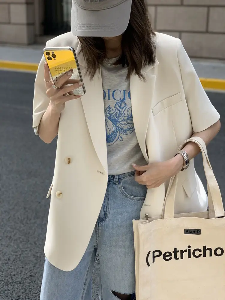 Korean Loose 2 Piece Women Short Set with Blazer Summer 2025 Thin Short-sleeved Blazers + Shorts Casual Office Ladies Suits