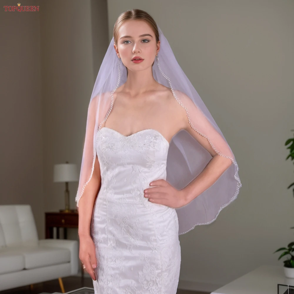 TOPQUEEN V35 Bridal Veil With Pearls Edge Women's Short Veil With Comb Single Tier Pearl Edge Bridal Veil For The Church Veu