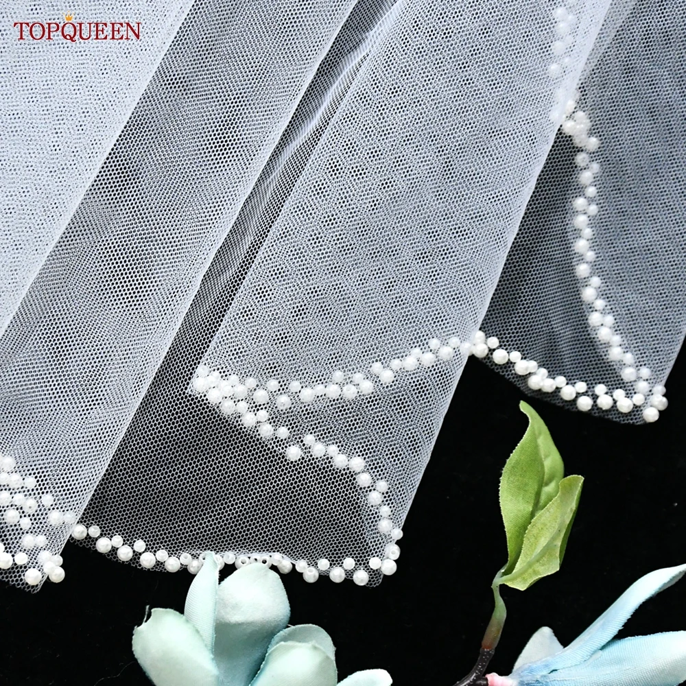 TOPQUEEN V35 Bridal Veil With Pearls Edge Women's Short Veil With Comb Single Tier Pearl Edge Bridal Veil For The Church Veu