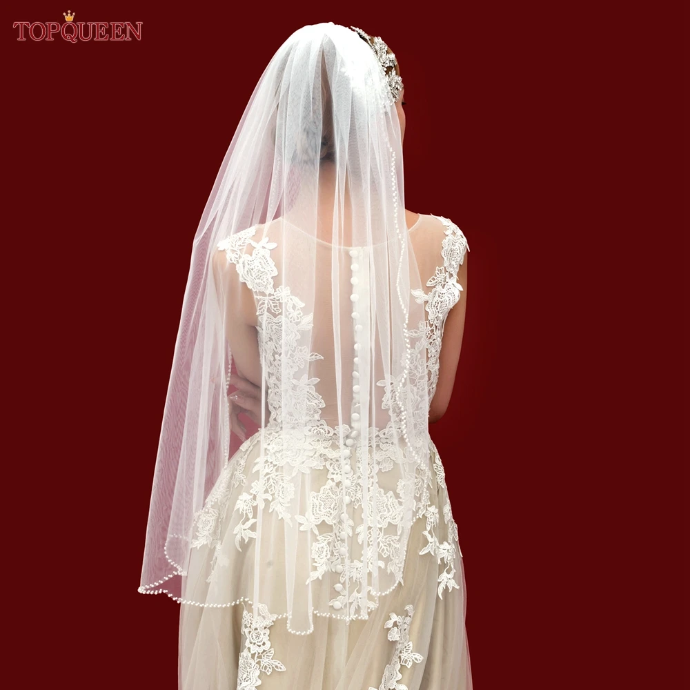 TOPQUEEN V35 Bridal Veil With Pearls Edge Women's Short Veil With Comb Single Tier Pearl Edge Bridal Veil For The Church Veu