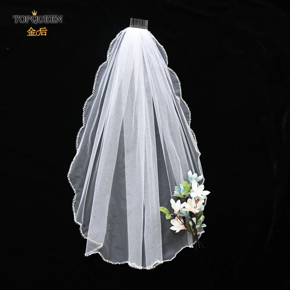 TOPQUEEN V35 Bridal Veil With Pearls Edge Women's Short Veil With Comb Single Tier Pearl Edge Bridal Veil For The Church Veu