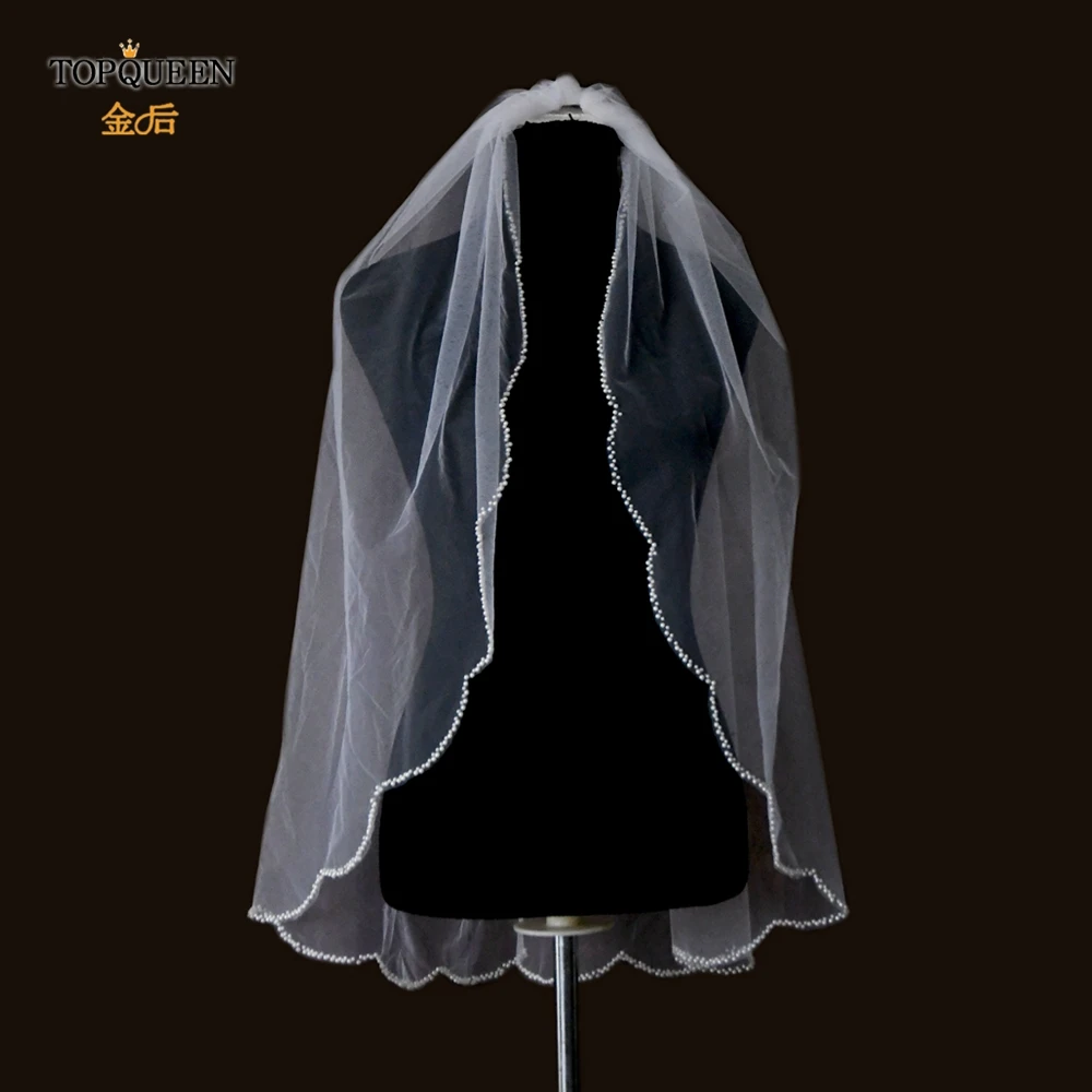 TOPQUEEN V35 Bridal Veil With Pearls Edge Women's Short Veil With Comb Single Tier Pearl Edge Bridal Veil For The Church Veu