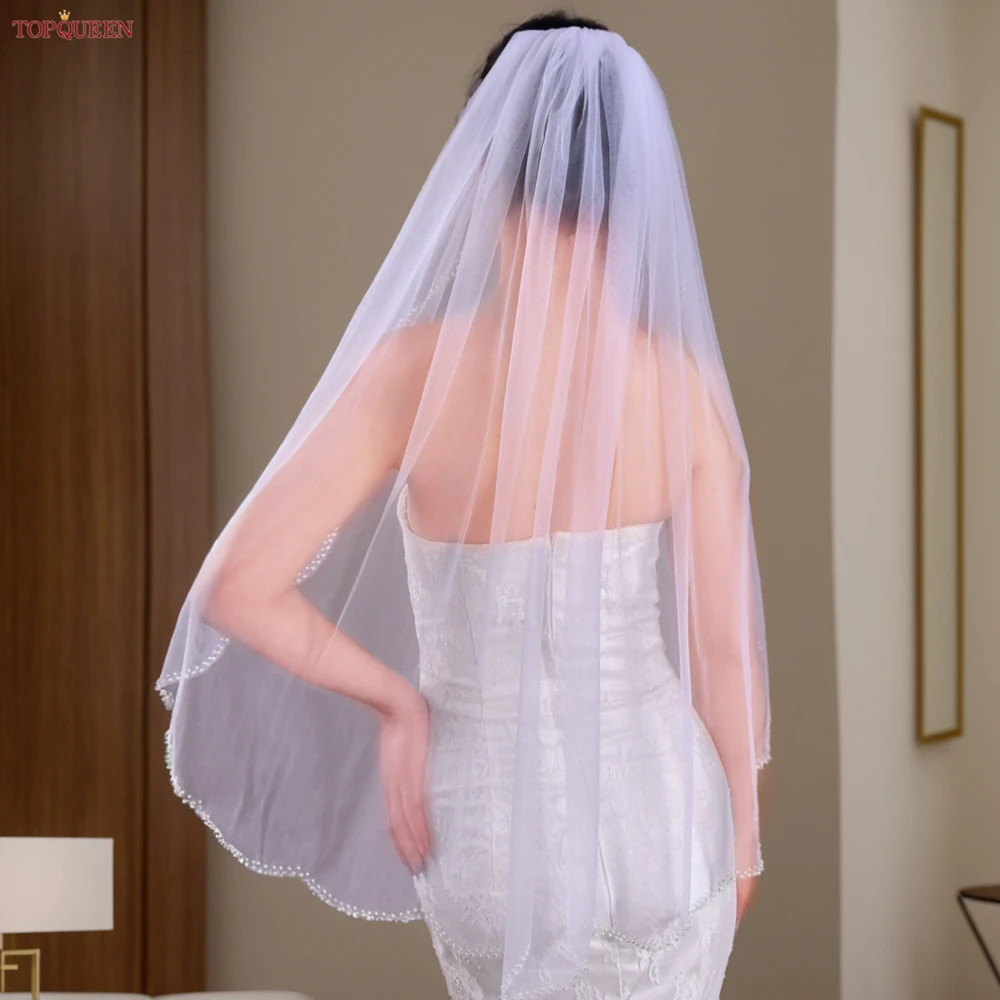TOPQUEEN V35 Bridal Veil With Pearls Edge Women's Short Veil With Comb Single Tier Pearl Edge Bridal Veil For The Church Veu