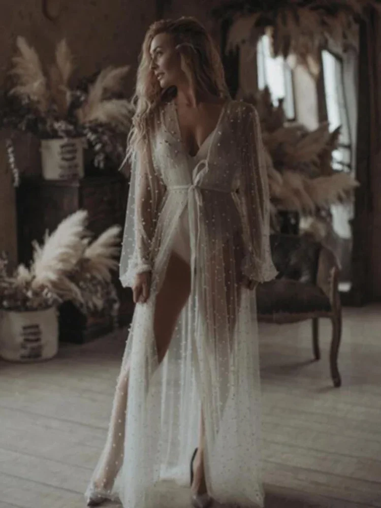 Pearls Long Sleeve Wedding Jacket Tulle Party Shawl Bolero Floor-Length Bridal Cape Sexy Pearl Robe Customized