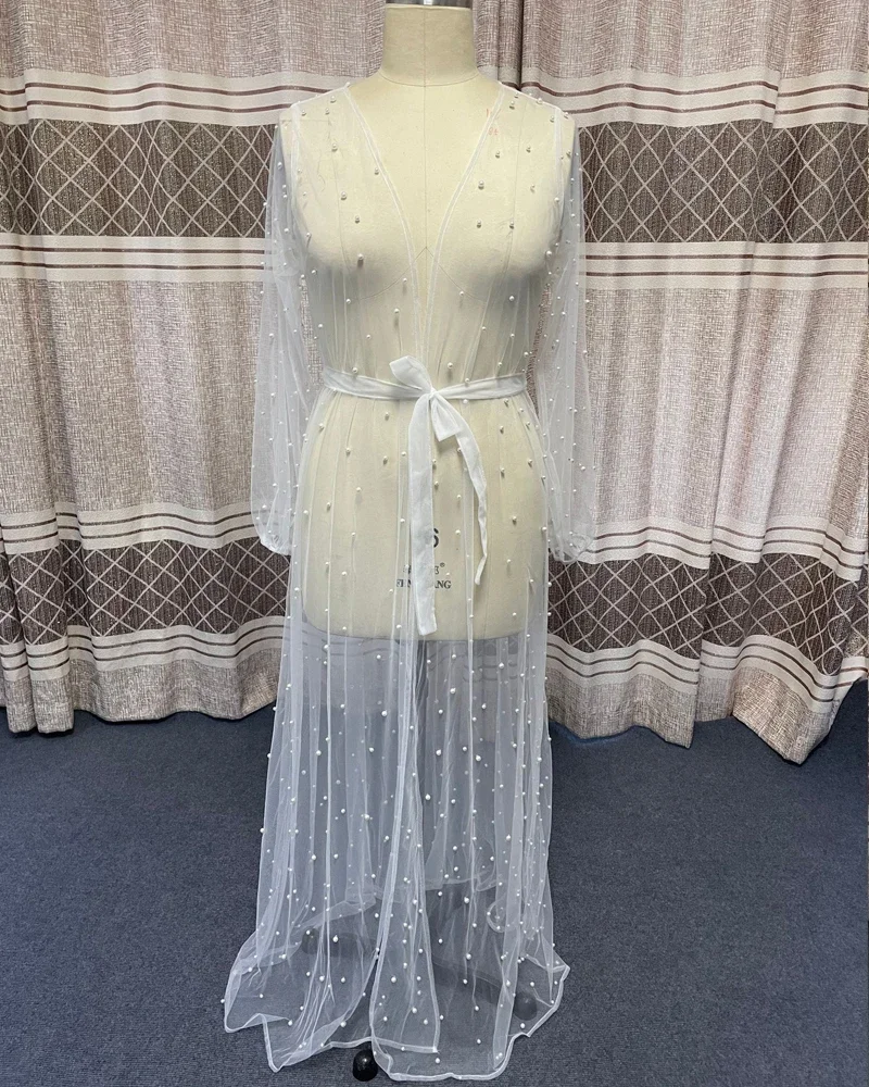 Pearls Long Sleeve Wedding Jacket Tulle Party Shawl Bolero Floor-Length Bridal Cape Sexy Pearl Robe Customized