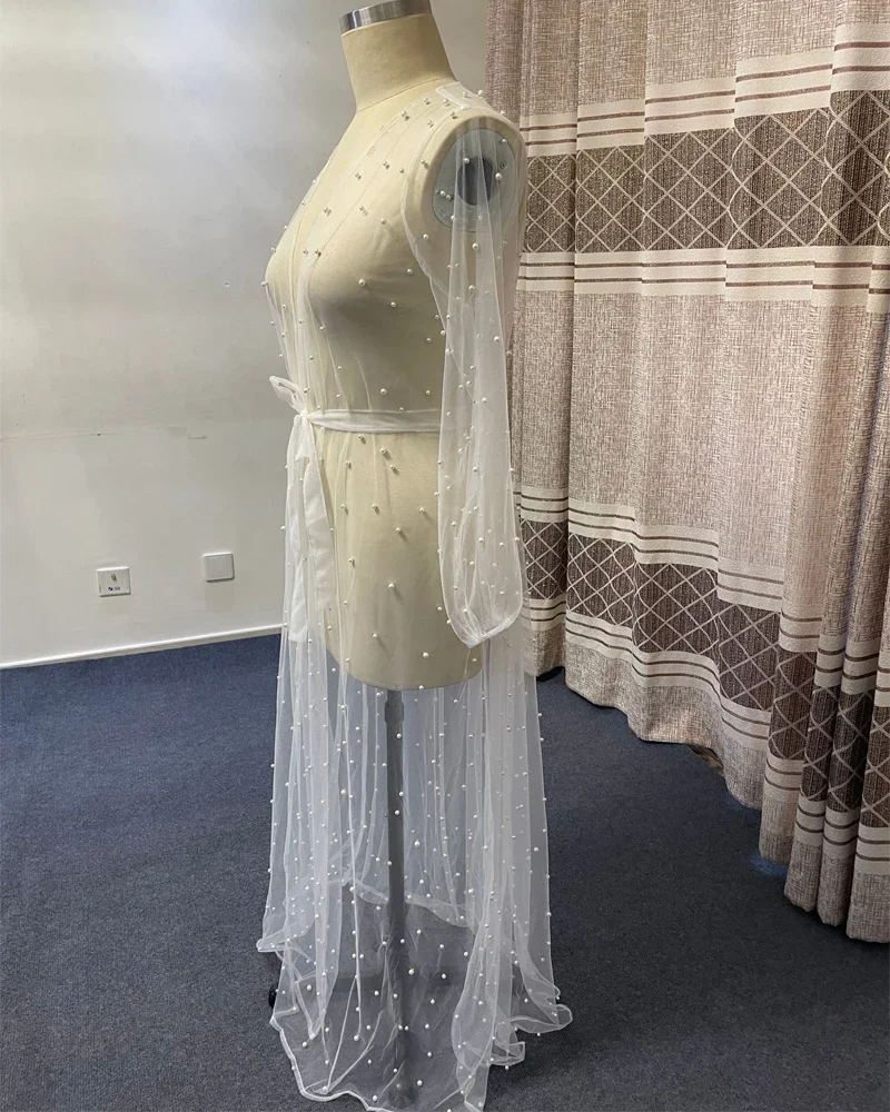 Pearls Long Sleeve Wedding Jacket Tulle Party Shawl Bolero Floor-Length Bridal Cape Sexy Pearl Robe Customized