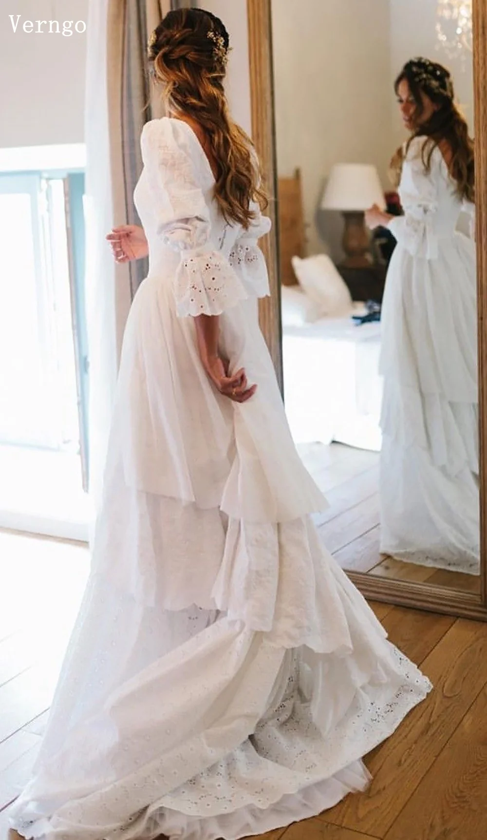 Verngo Rustic Boho Wedding Dress Vintage Lace Wedding Dress 2026 A Line Bride Gown Half Sleeves Tiered Wedding Gowns Customized