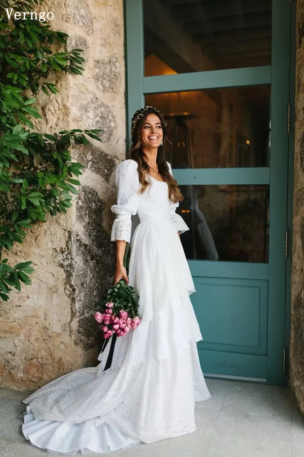 Verngo Rustic Boho Wedding Dress Vintage Lace Wedding Dress 2026 A Line Bride Gown Half Sleeves Tiered Wedding Gowns Customized