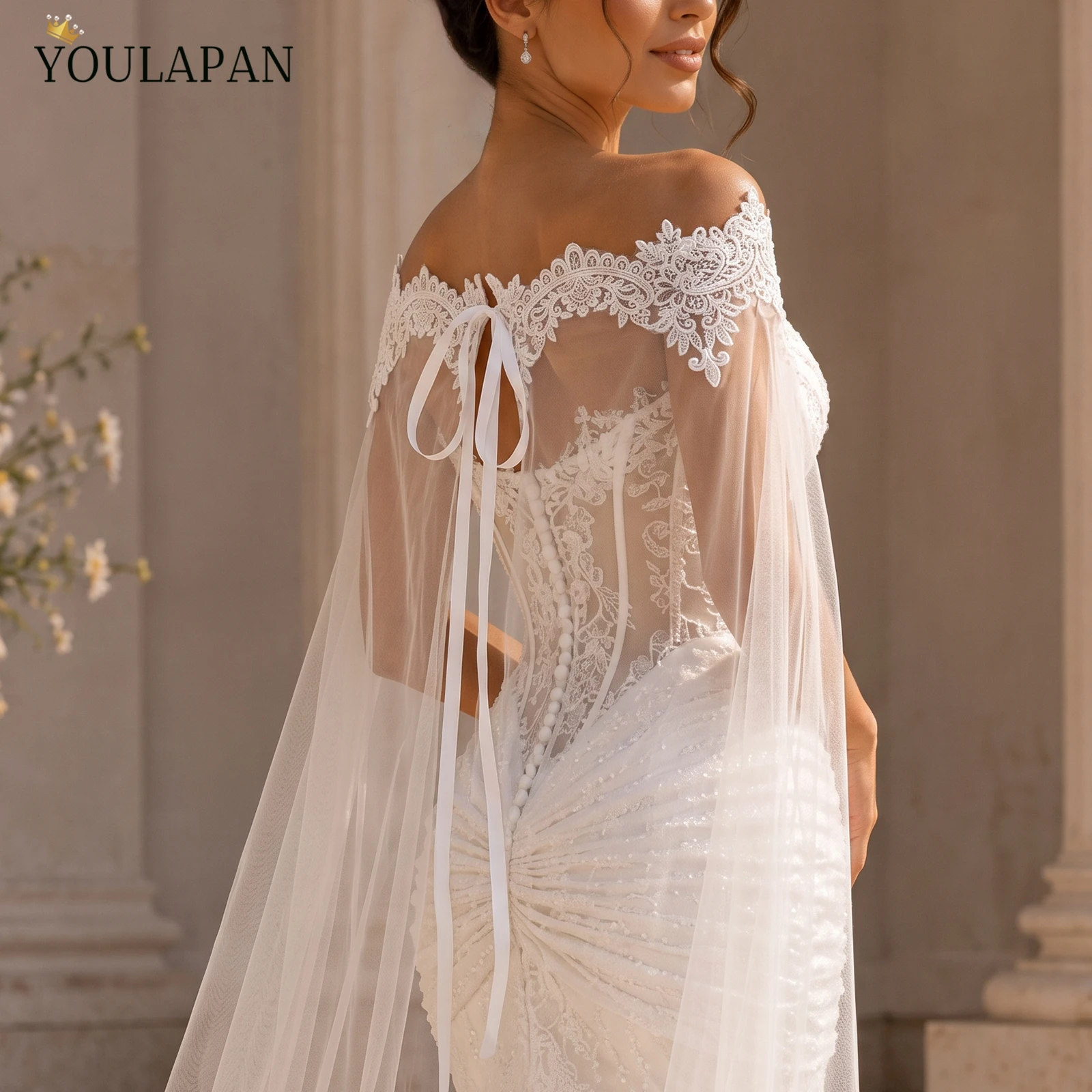 TOPQUEEN G36 Bridal Shawl Sexy Reverse Decoration Cloak Lace Embroidery For Reverse Wedding Dress Wedding Cape Veil Customizable