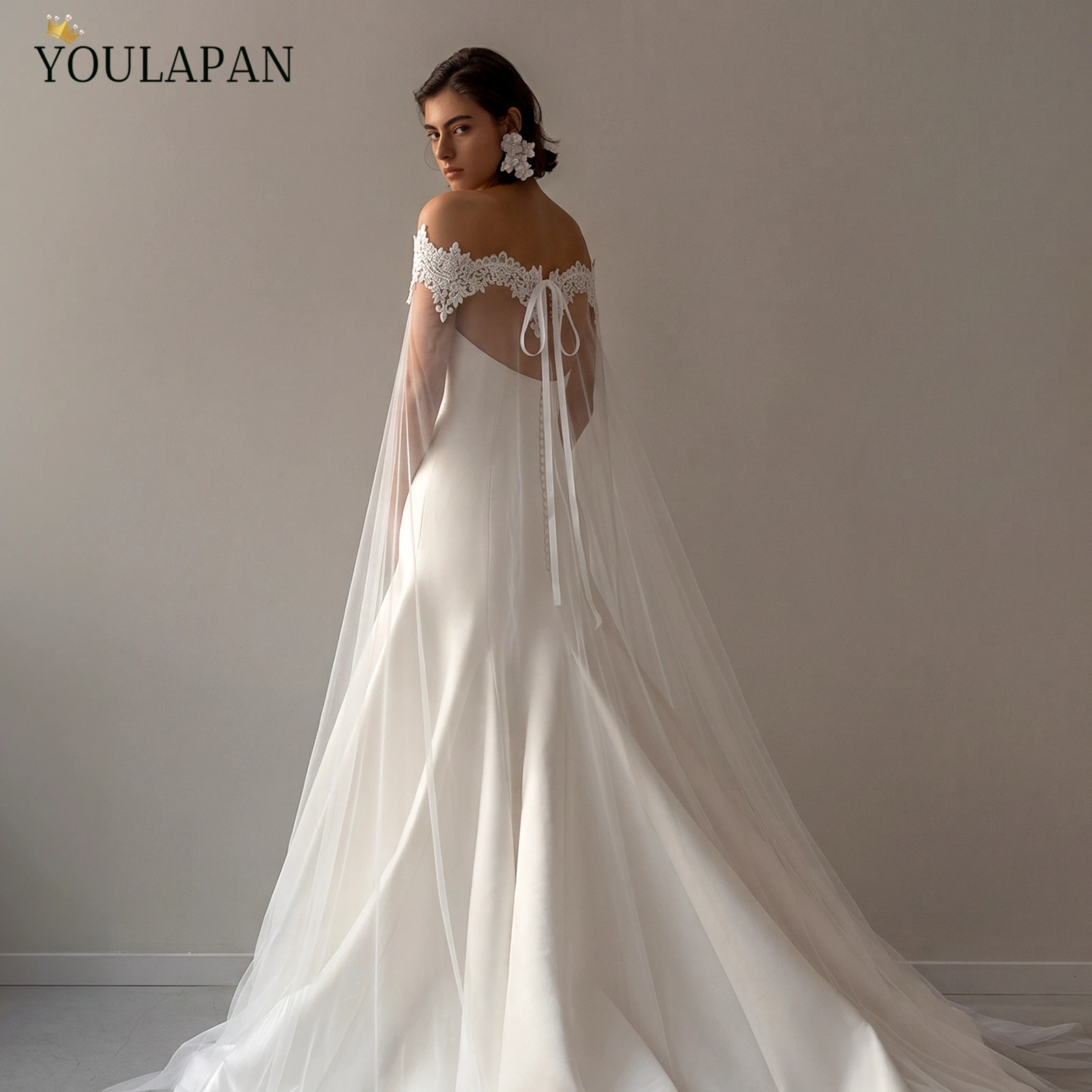 TOPQUEEN G36 Bridal Shawl Sexy Reverse Decoration Cloak Lace Embroidery For Reverse Wedding Dress Wedding Cape Veil Customizable