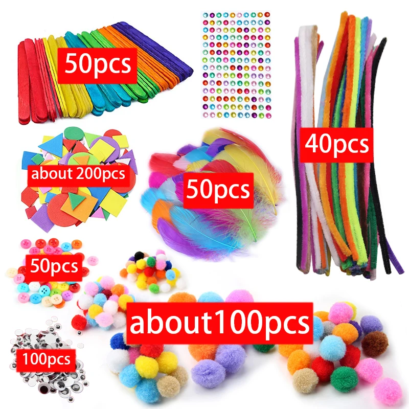 Colorful Pipe Cleaners Craft Kit Popsicle Plush Sticks Pompoms Stickers DIY Arts Supplies Children Kids Montessori Education Toy