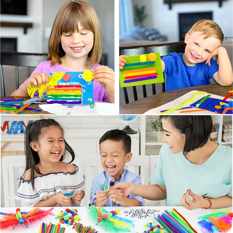 Colorful Pipe Cleaners Craft Kit Popsicle Plush Sticks Pompoms Stickers DIY Arts Supplies Children Kids Montessori Education Toy