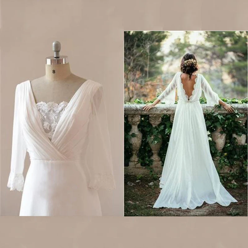 Customized White Chiffon Boho Wedding Dress Beach Three Quarter Sleeves Lace Bridal Gowns Backless V Neckline Bridal Dress 2024