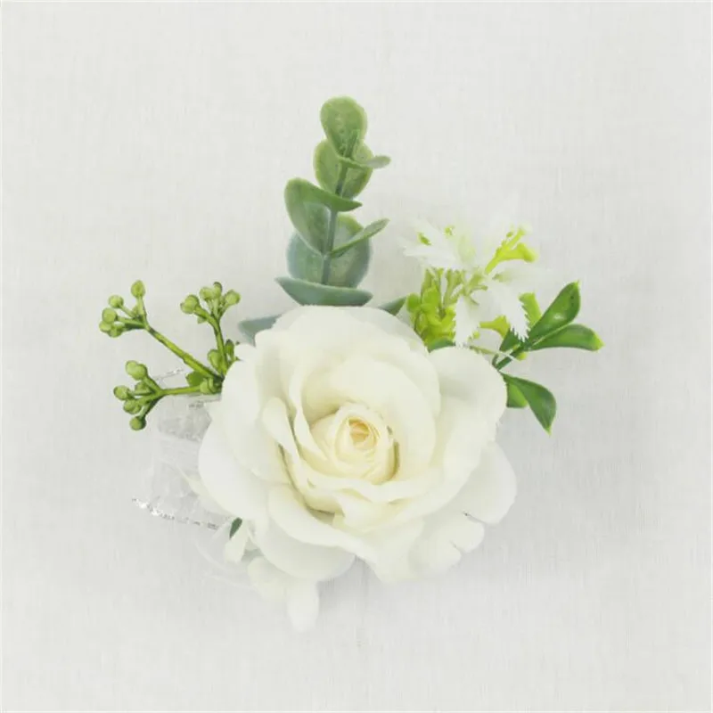 YO CHO White Silk Roses Corsages Boutonnieres Wedding Decoration Marriage Rose Wrist Corsage Pin Boutonniere Flowers for Guests