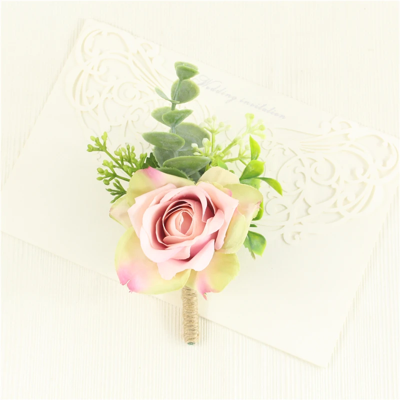 YO CHO White Silk Roses Corsages Boutonnieres Wedding Decoration Marriage Rose Wrist Corsage Pin Boutonniere Flowers for Guests