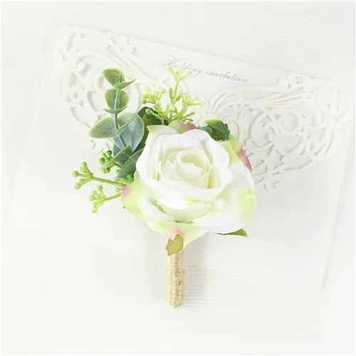 YO CHO White Silk Roses Corsages Boutonnieres Wedding Decoration Marriage Rose Wrist Corsage Pin Boutonniere Flowers for Guests