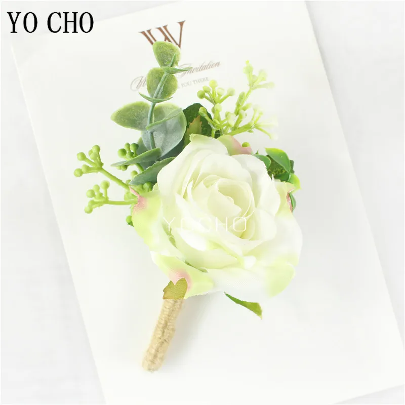 YO CHO White Silk Roses Corsages Boutonnieres Wedding Decoration Marriage Rose Wrist Corsage Pin Boutonniere Flowers for Guests