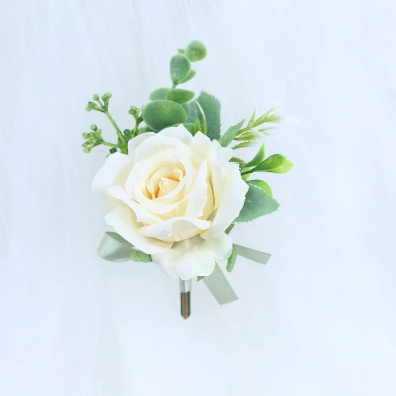 YO CHO White Silk Roses Corsages Boutonnieres Wedding Decoration Marriage Rose Wrist Corsage Pin Boutonniere Flowers for Guests