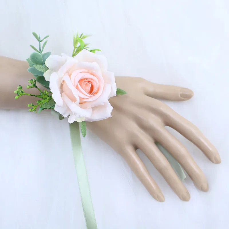 YO CHO White Silk Roses Corsages Boutonnieres Wedding Decoration Marriage Rose Wrist Corsage Pin Boutonniere Flowers for Guests