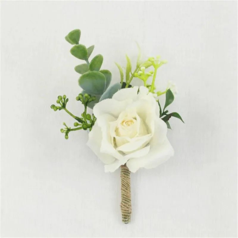 YO CHO White Silk Roses Corsages Boutonnieres Wedding Decoration Marriage Rose Wrist Corsage Pin Boutonniere Flowers for Guests