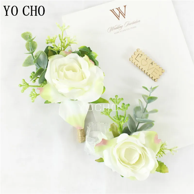 YO CHO White Silk Roses Corsages Boutonnieres Wedding Decoration Marriage Rose Wrist Corsage Pin Boutonniere Flowers for Guests