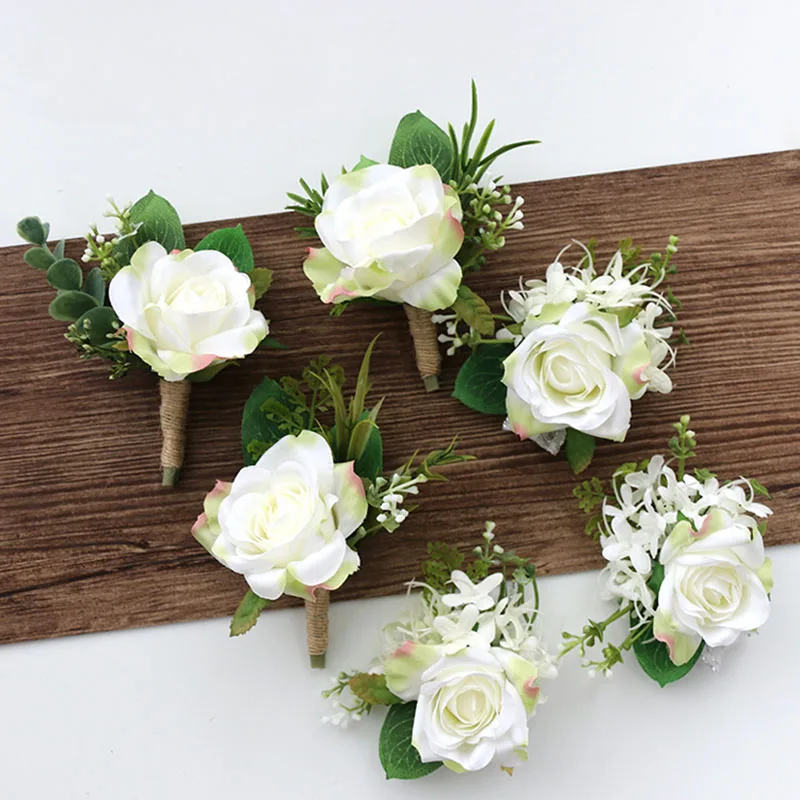 YO CHO White Silk Roses Corsages Boutonnieres Wedding Decoration Marriage Rose Wrist Corsage Pin Boutonniere Flowers for Guests