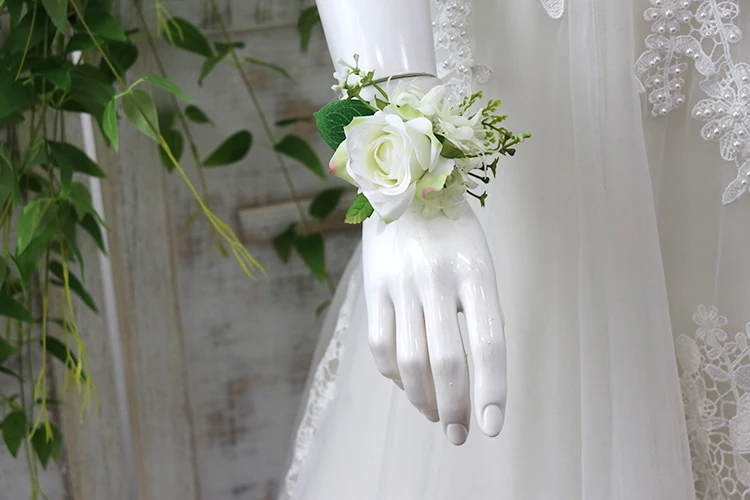 YO CHO White Silk Roses Corsages Boutonnieres Wedding Decoration Marriage Rose Wrist Corsage Pin Boutonniere Flowers for Guests