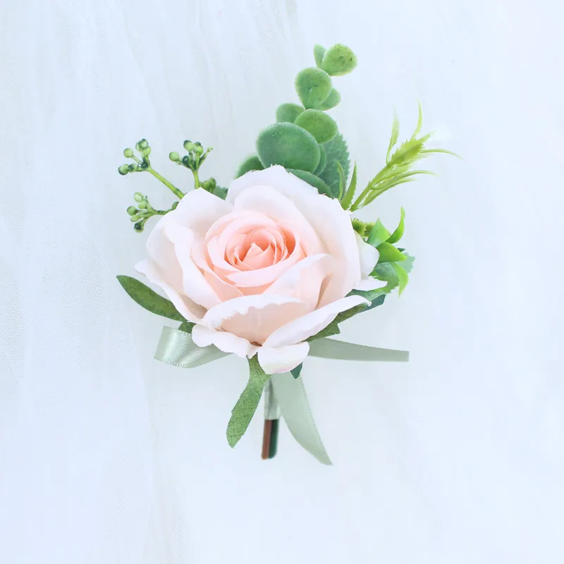 YO CHO White Silk Roses Corsages Boutonnieres Wedding Decoration Marriage Rose Wrist Corsage Pin Boutonniere Flowers for Guests