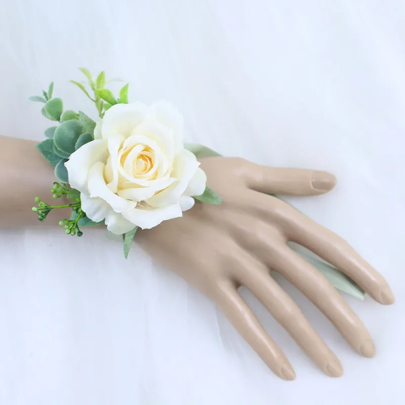 YO CHO White Silk Roses Corsages Boutonnieres Wedding Decoration Marriage Rose Wrist Corsage Pin Boutonniere Flowers for Guests
