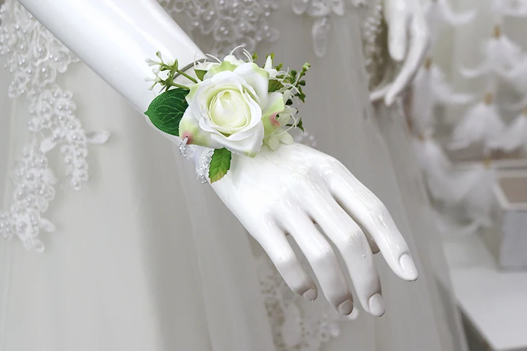 YO CHO White Silk Roses Corsages Boutonnieres Wedding Decoration Marriage Rose Wrist Corsage Pin Boutonniere Flowers for Guests