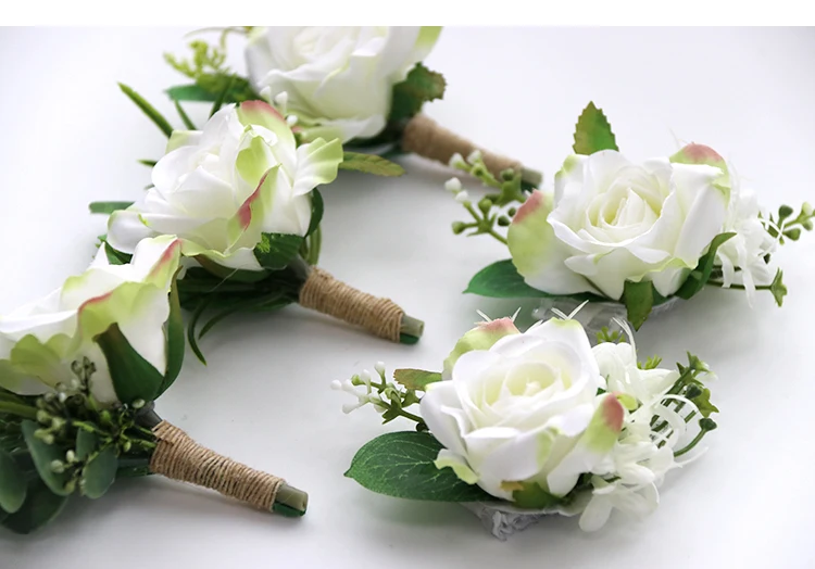 YO CHO White Silk Roses Corsages Boutonnieres Wedding Decoration Marriage Rose Wrist Corsage Pin Boutonniere Flowers for Guests