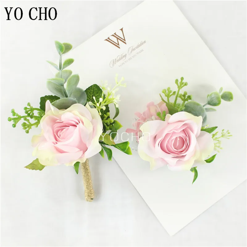 YO CHO White Silk Roses Corsages Boutonnieres Wedding Decoration Marriage Rose Wrist Corsage Pin Boutonniere Flowers for Guests