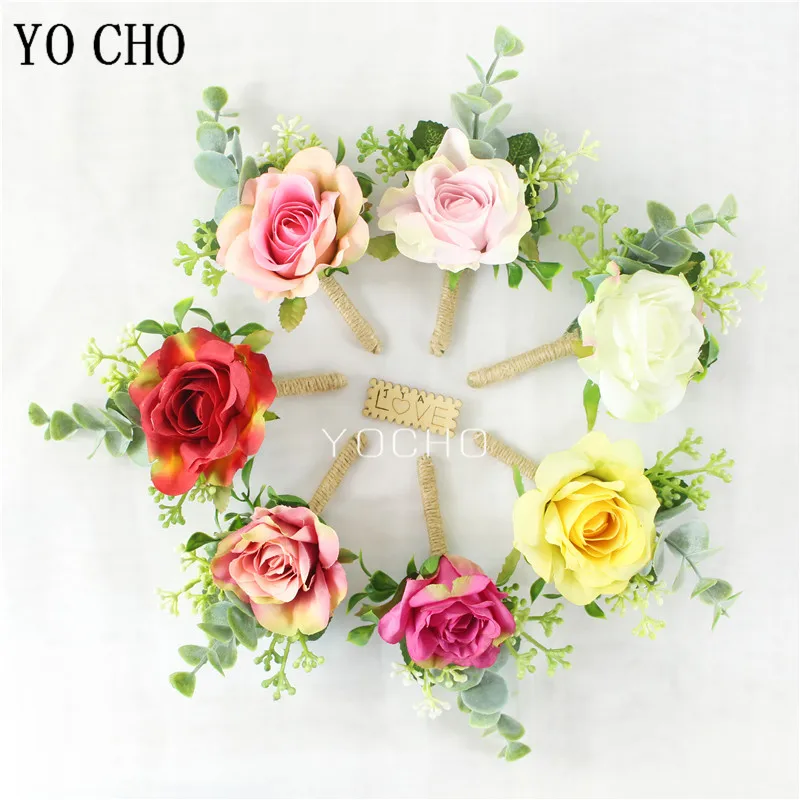 YO CHO White Silk Roses Corsages Boutonnieres Wedding Decoration Marriage Rose Wrist Corsage Pin Boutonniere Flowers for Guests