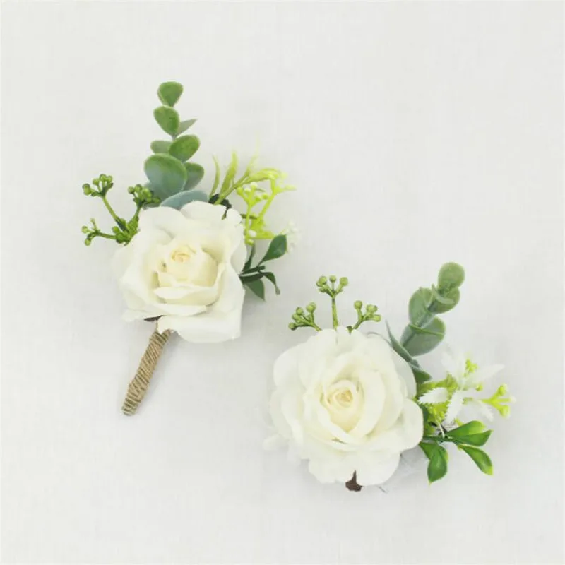 YO CHO White Silk Roses Corsages Boutonnieres Wedding Decoration Marriage Rose Wrist Corsage Pin Boutonniere Flowers for Guests