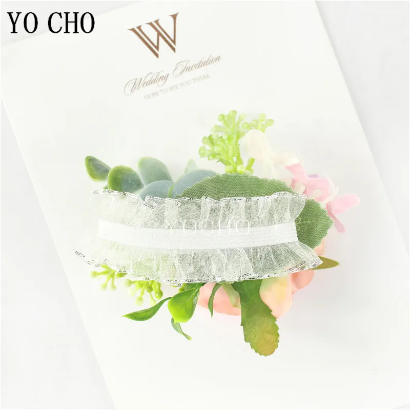 YO CHO White Silk Roses Corsages Boutonnieres Wedding Decoration Marriage Rose Wrist Corsage Pin Boutonniere Flowers for Guests