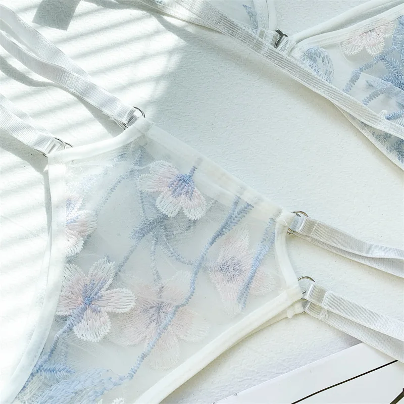 Women's Ultra-thin Cup Bra & Brief Sets Mesh Lace Underwear Set Transparent Beauty Back Hollow Embroidery Lingerie Set