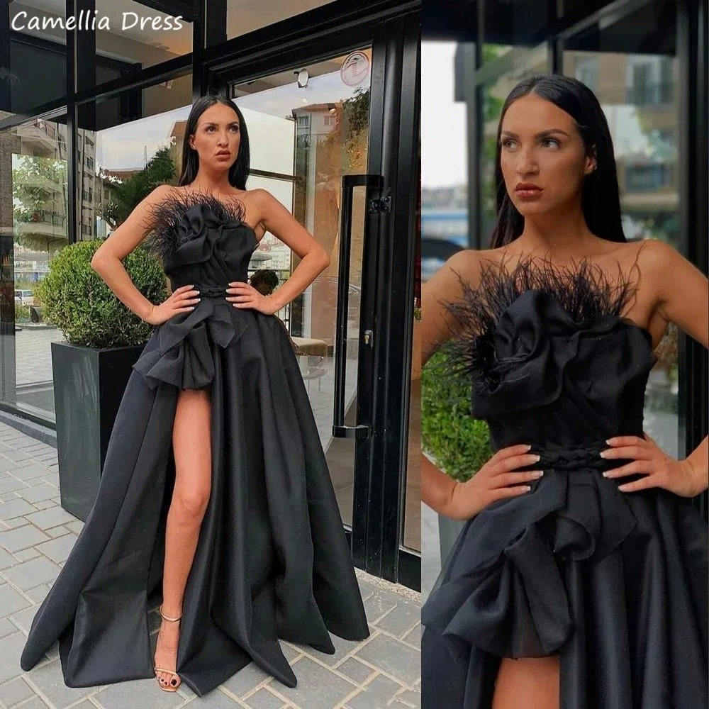 Elegant Black High Split Evening Dresses 2023 Strapless Feather Draped Satin Prom Dress Custom Made Formal Party Gown فستان سهرة