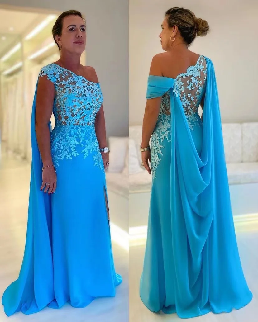 Customized Off Shoulder Lace Top Sexy Mother of the Bride Dresses with Wraps Long Side Slit Wedding Party Special Banquet Gowns