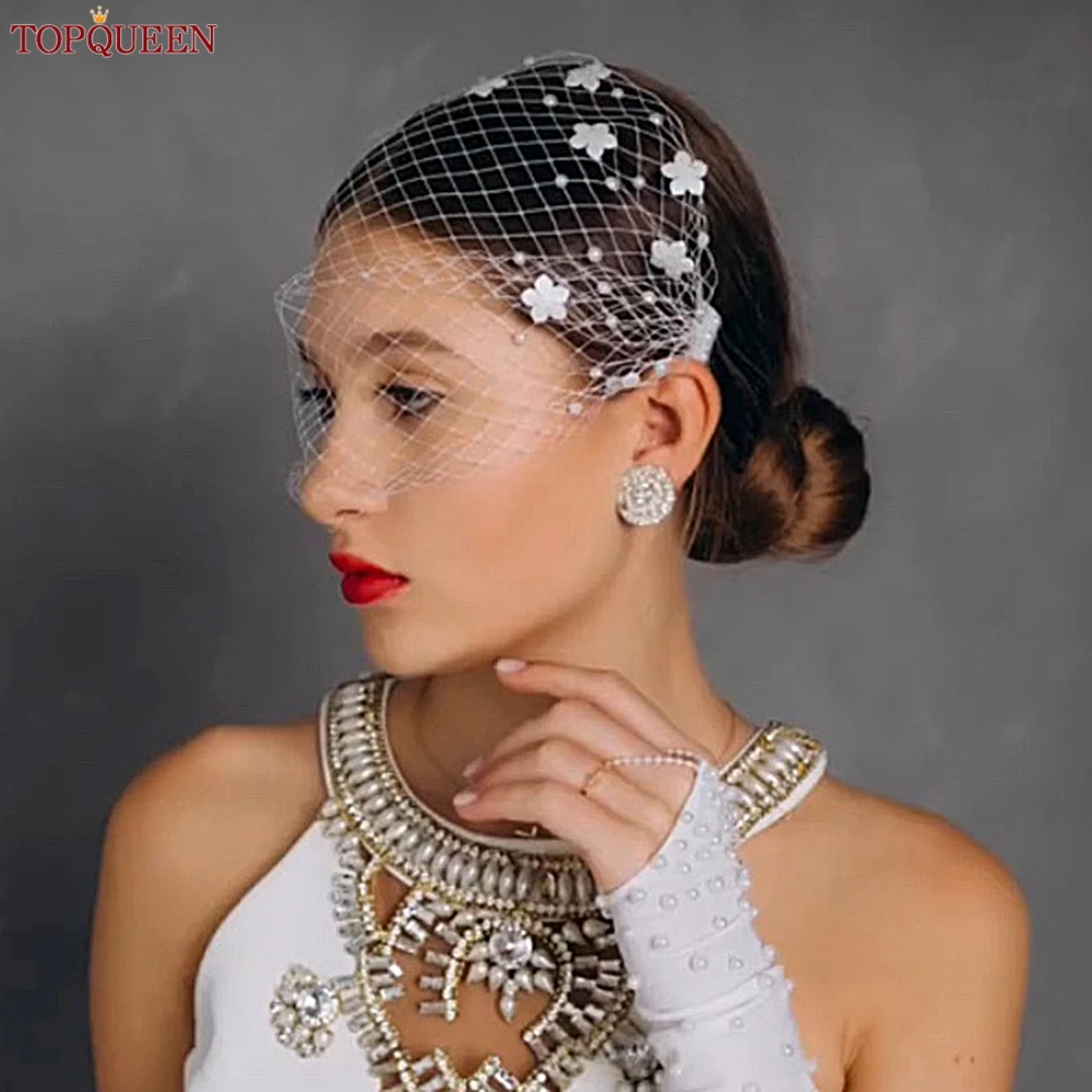 TOPQUEEN VA15 Russian Tulle Cage Veil White Crinoline Face Veil Headband Fascinator Cocktail Hats Bridal Hair Accessories