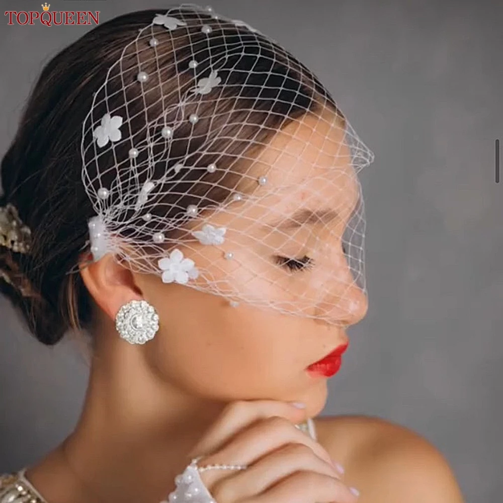 TOPQUEEN VA15 Russian Tulle Cage Veil White Crinoline Face Veil Headband Fascinator Cocktail Hats Bridal Hair Accessories