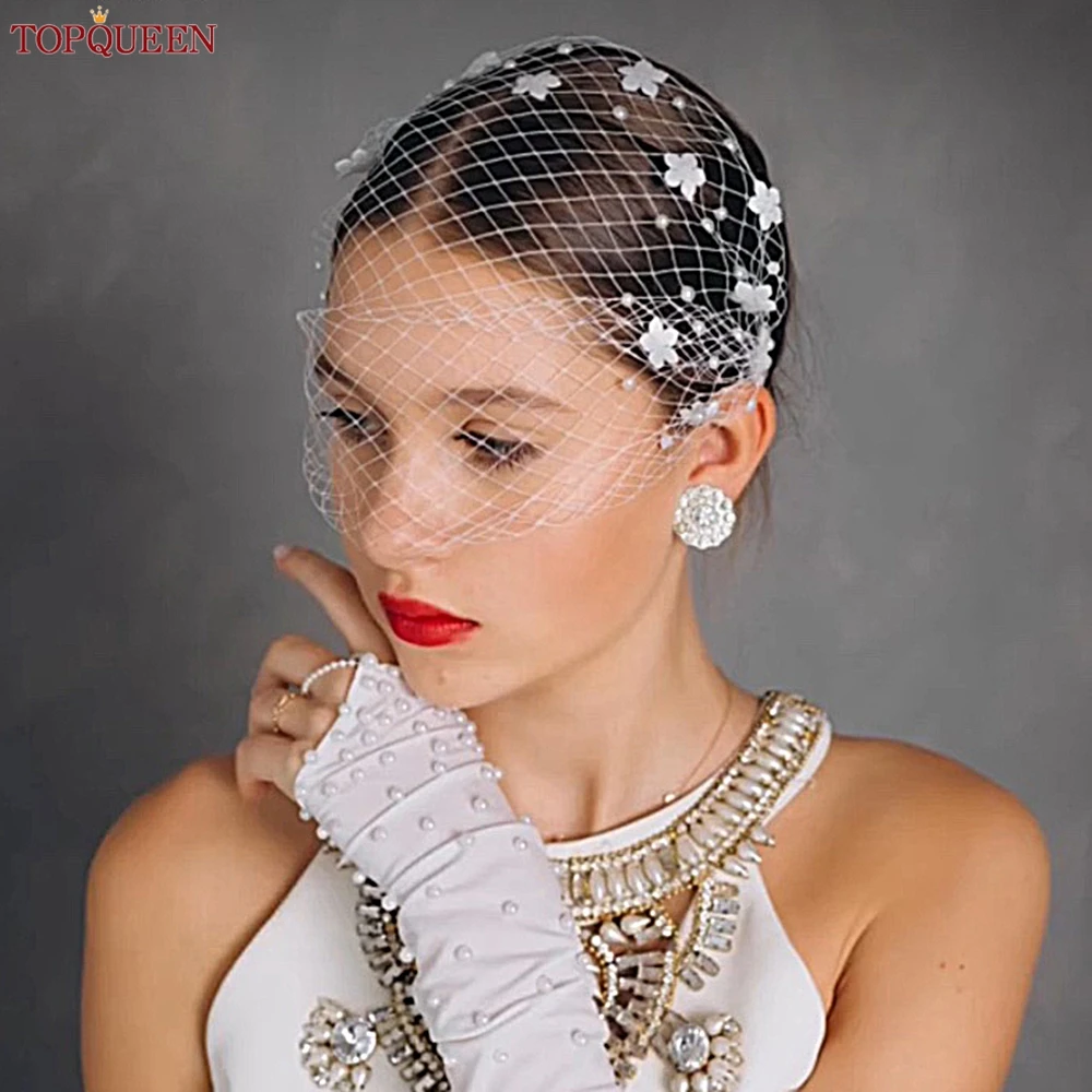 TOPQUEEN VA15 Russian Tulle Cage Veil White Crinoline Face Veil Headband Fascinator Cocktail Hats Bridal Hair Accessories