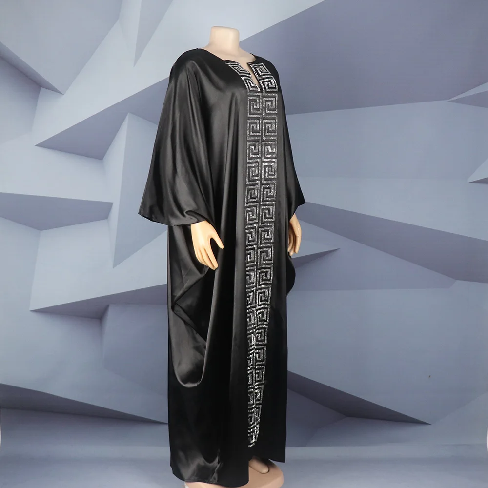 Fashion African Woman Large Size Bat Sleeve Dress Muslim Islamic Style Robe Imitation Silk Hot Fix Rhinestone