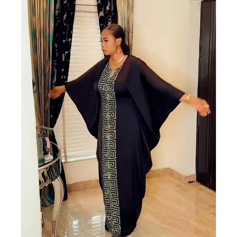 Fashion African Woman Large Size Bat Sleeve Dress Muslim Islamic Style Robe Imitation Silk Hot Fix Rhinestone
