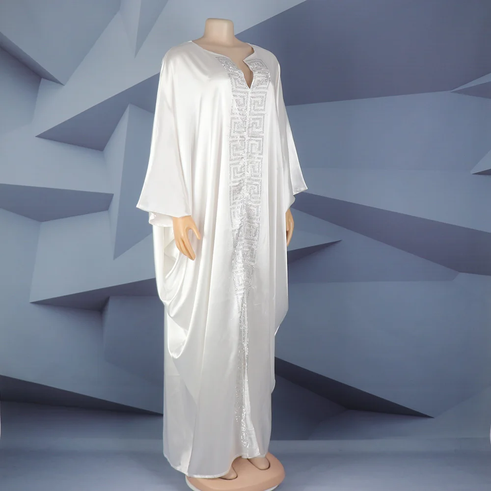 Fashion African Woman Large Size Bat Sleeve Dress Muslim Islamic Style Robe Imitation Silk Hot Fix Rhinestone